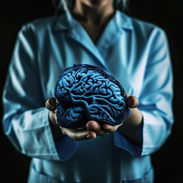 Zdjęcie zbliżenie obrazu ludzkiego mózgu w rękach lekarza na ciemnym tle