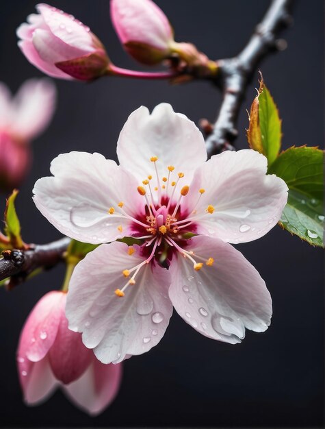 Zdjęcie zbliżenie obrazu pięknego kwiatu cherry blossom z kropelkami wody