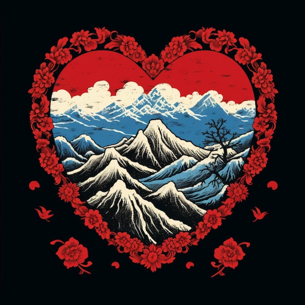 zbliżenie obrazu w kształcie serca przedstawiającego góry i kwiaty generatywnej AI