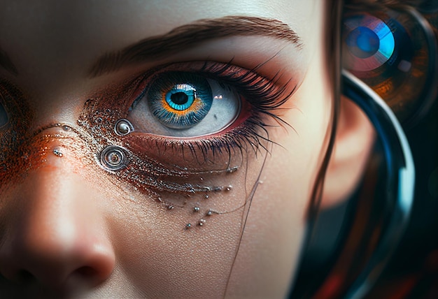 Zbliżenie oczu kobiecej cyborga sztucznej inteligencji ilustracji AI generatywnej