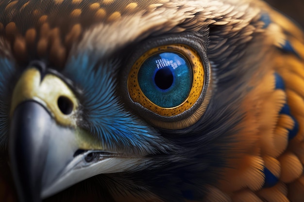 Zbliżenie oczu królewskich ptaków z przenikliwym spojrzeniem patrzącym prosto w kamerę