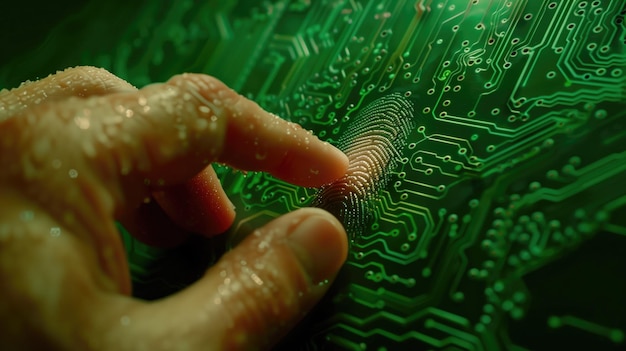 Zdjęcie zbliżenie odcisku palca na płytce obwodowej komputera koncepcja technologiczna koncepcja biometryczna