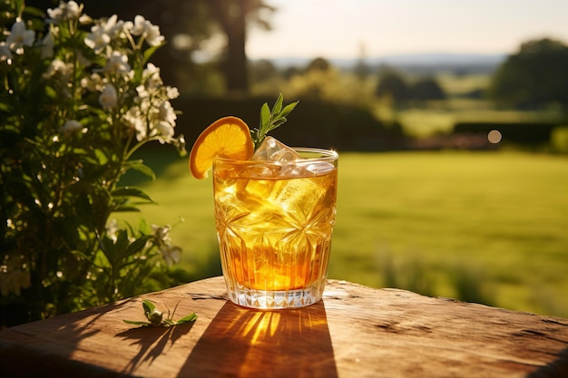 Zbliżenie odświeżającego koktajlu Aperol Spritz z kawałkami pomarańczy i zielenią w letni dzień