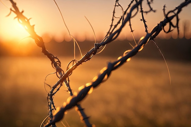 Zbliżenie ogrodzenia z drutu kolczastego i światła generatywnego zachodu słońca