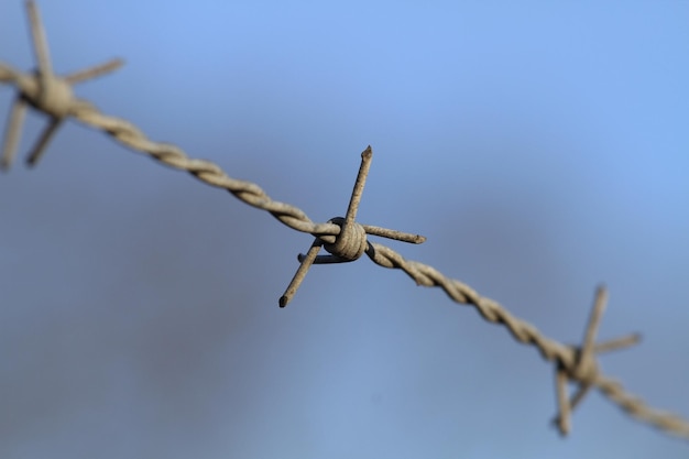 Zbliżenie ogrodzenia z drutu kolczastego na tle nieba