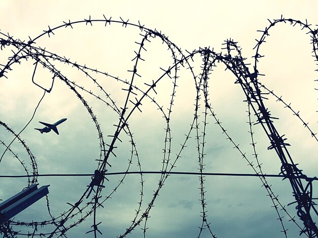 Zbliżenie ogrodzenia z drutu kolczastego przeciwko samolotowi latającemu w niebie