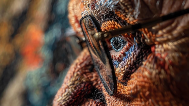 Zbliżenie oka kobiety noszącej okulary Kobieta nosi brązowy sweter Oko patrzy na kamerę