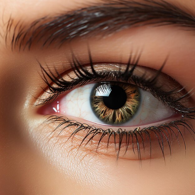 Zdjęcie zbliżenie oka kobiety patrzącej do kamery wygenerowanej przez sztuczną inteligencję