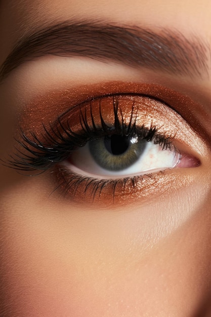 Zbliżenie oka kobiety z brązowym makijażem oczu.