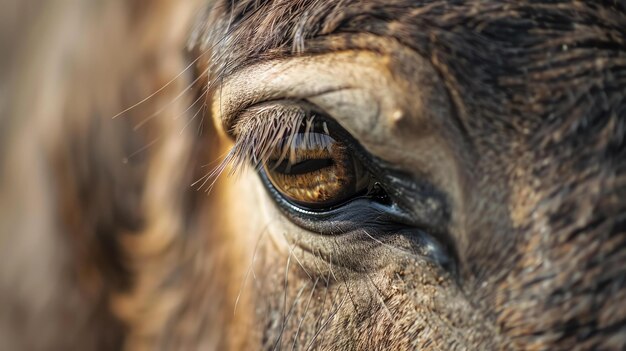 Zdjęcie zbliżenie oka konia oko jest ciemno brązowe, a tęczówka jest jaśniejsza brązowa, rzęsy są długie, czarne i zakrzywione.