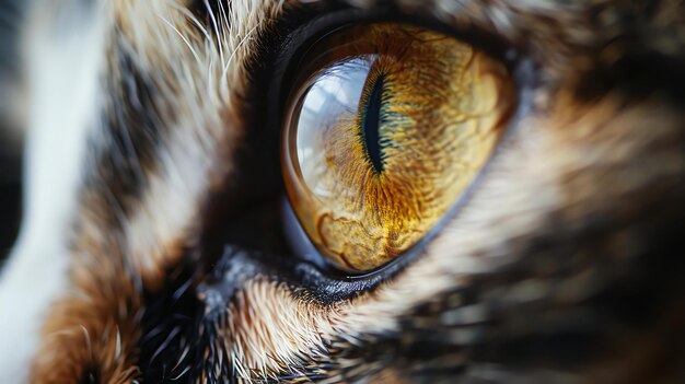 Zdjęcie zbliżenie oka kota oko ma piękny kolor bursztynowy, źrenica jest rozszerzona, futro wokół oka jest miękkie i puszyste.
