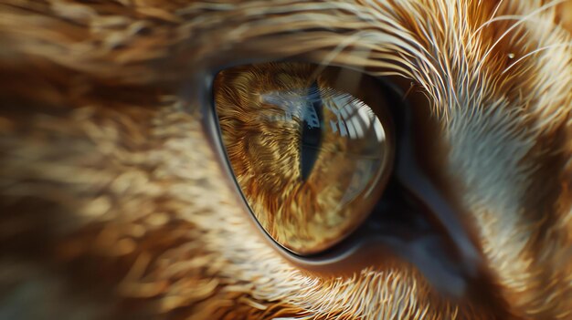 Zdjęcie zbliżenie oka kota z futrem i wąsami oko ma głęboki złoty kolor, a futro jest jasno pomarańczowe