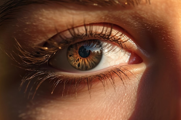 Zbliżenie oka osoby ze słońcem świecącym przez brązową źrenicę.