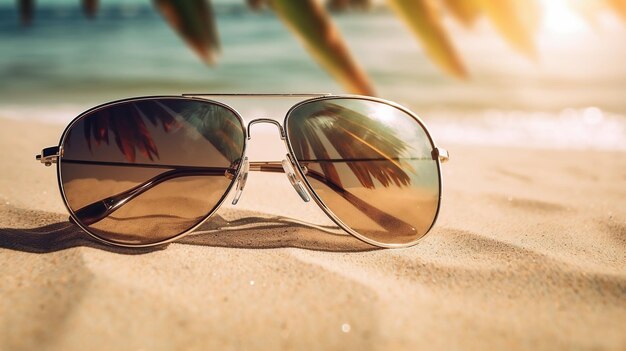 Zbliżenie okularów przeciwsłonecznych na piasku z niewyraźnymi dłoniami na tle