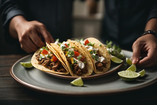 zbliżenie osoba trzymająca talerz z tacos