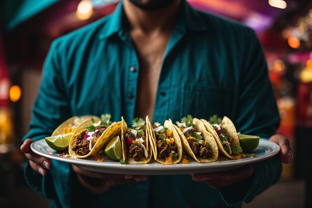 zbliżenie osoba trzymająca talerz z tacos