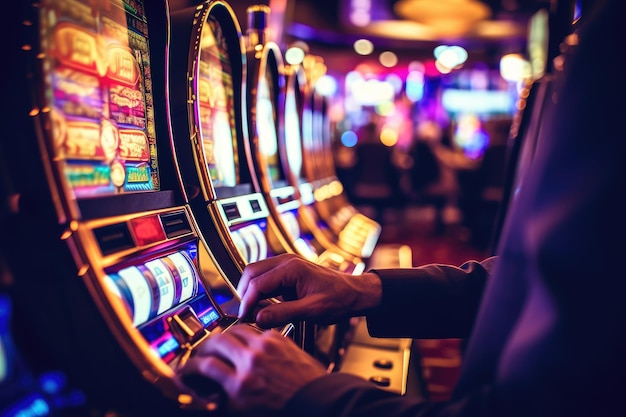 Zbliżenie osoby grającej na automacie w kasynie