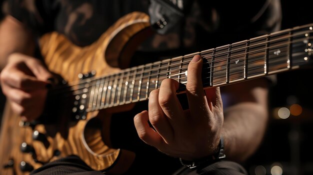 Zbliżenie osoby grającej na gitarze elektrycznej Osoba nosi czarną koszulkę, a gitara jest brązowa