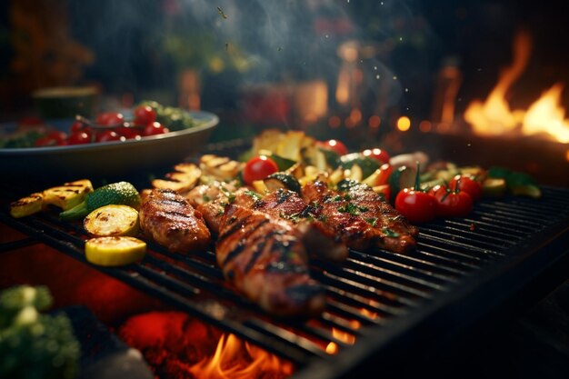 Zbliżenie osoby grillującej warzywa i mięso Generative ai