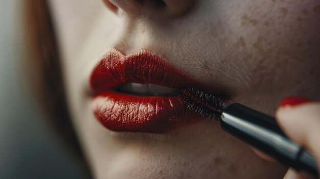 Zdjęcie zbliżenie osoby nakładającej szminkę świetny dla koncepcji piękna i makijażu