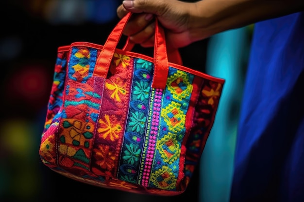 Zbliżenie osoby trzymającej torbę na zakupy o żywych kolorach i wzorach Generacyjna sztuczna inteligencja