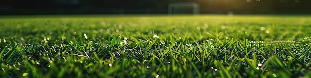 Zbliżenie oświetlonej przez słońce zielonej trawy z bramką piłkarską w tle