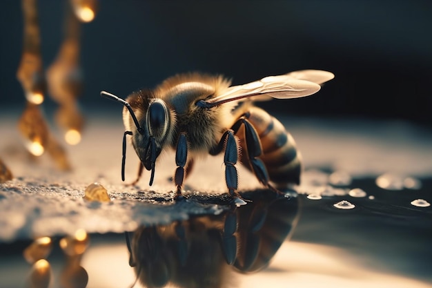 Zbliżenie owad pyłek makro pszczoła miodna pszczoła miodna natura żółte tło złoto Generative AI
