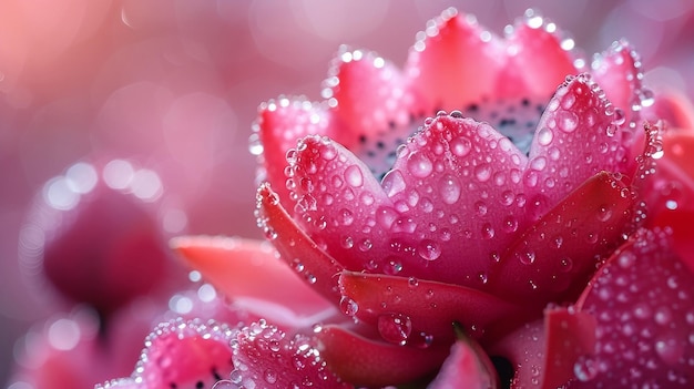 Zbliżenie owocu smoka, jego żywa różowa skóra pokryta kropelami rosy, AI generuje ilustrację