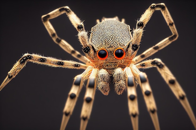 Zbliżenie pająka na odosobnionym ciemnym tle ozdobione ilustracją rastrową renderowania 3D