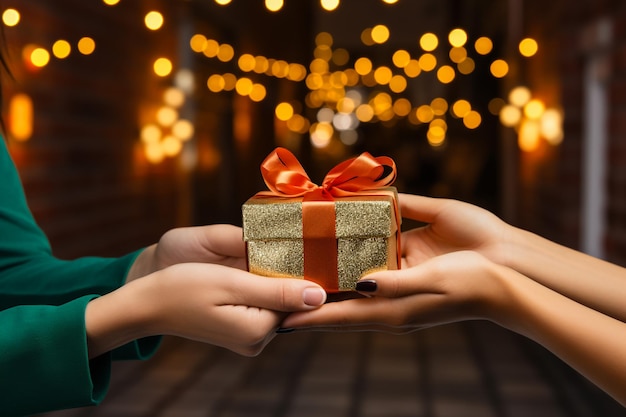 Zbliżenie pakietów prezentów świątecznych z satynowymi kokardkami, lampkami bożonarodzeniowymi i kolorowymi tkaninami a