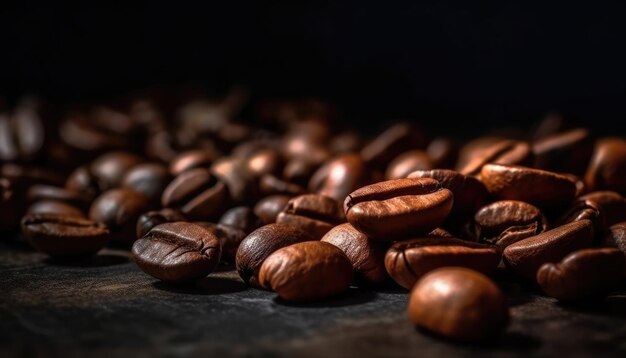 Zbliżenie palonych ziaren kawy na ciemnym, rozmytym i zamazanym tle Generative AI