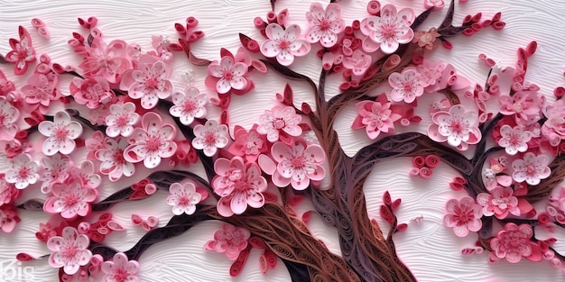 Zbliżenie papierowego drzewa z różowymi kwiatami na nim generatywne ai