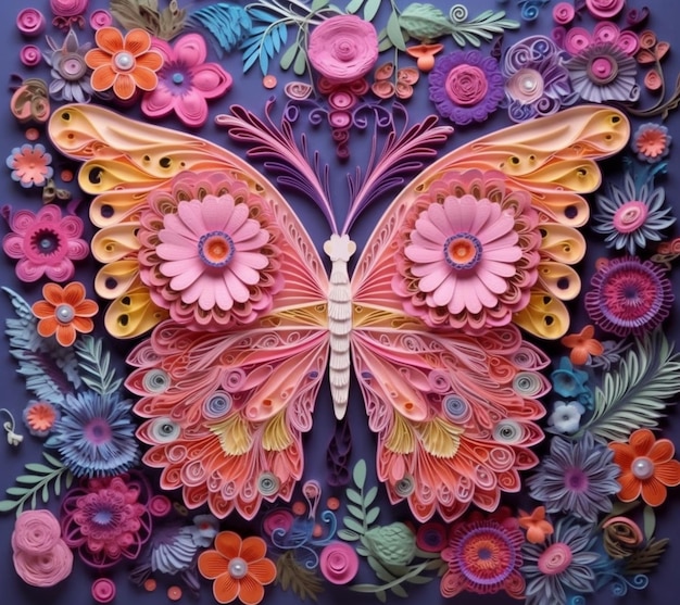 Zbliżenie papierowego motyla z generatywnymi kwiatami i liśćmi ai