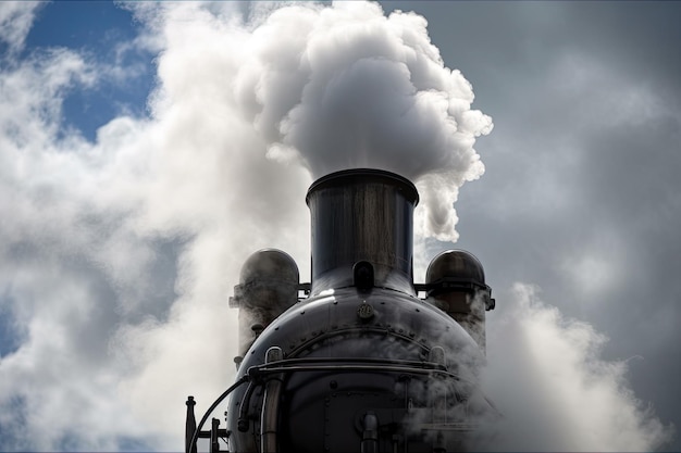 Zdjęcie zbliżenie parowozu z chmurami dymu kłębiącymi się z jego komina