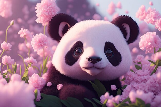 zbliżenie Pastelowo różowa zwierzęca koncepcja pandy z kwiatami ai generatywnej