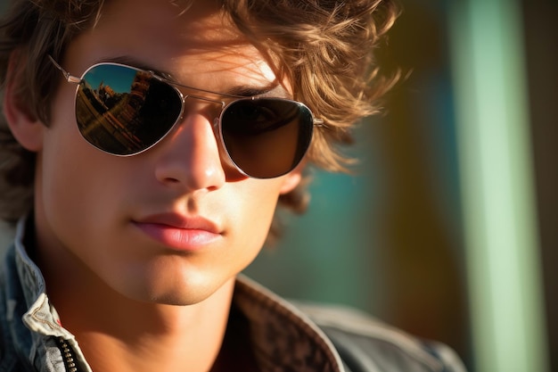 Zbliżenie pewnego siebie młodego mężczyzny noszącego eleganckie okulary przeciwsłoneczne Generatywna sztuczna inteligencja
