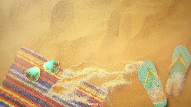 Zbliżenie piaszczystej plaży z sandałami i okularami, lato na tle. Elegancka i luksusowa ilustracja 3D w stylu