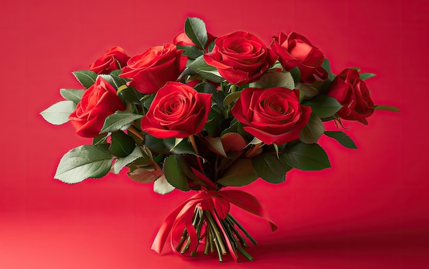 Zbliżenie pięknego bukietu czerwonych róż na czerwonym tle ai generowane