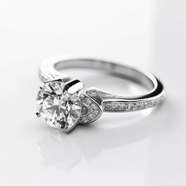 Zbliżenie pięknego diamentowego pierścionka zaręczynowego spoczywającego na białej powierzchni.