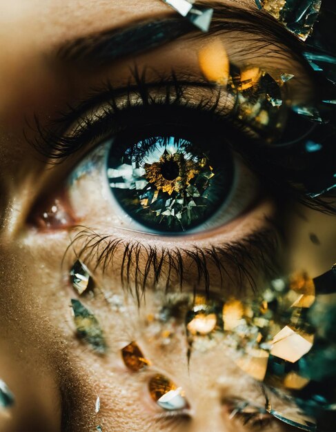 Zbliżenie pięknego kobiecego oka z efektem złamanego szkła Fantasy image ai generative