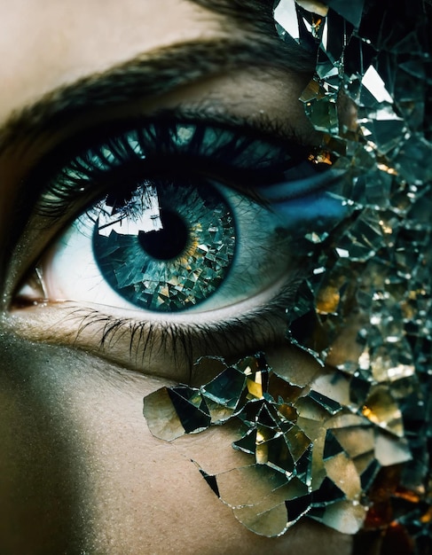 Zbliżenie pięknego kobiecego oka z efektem złamanego szkła Fantasy image ai generative