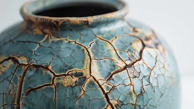 Zdjęcie zbliżenie pięknego ręcznie wykonanego wazonu ceramicznego z pękniętą glazurą