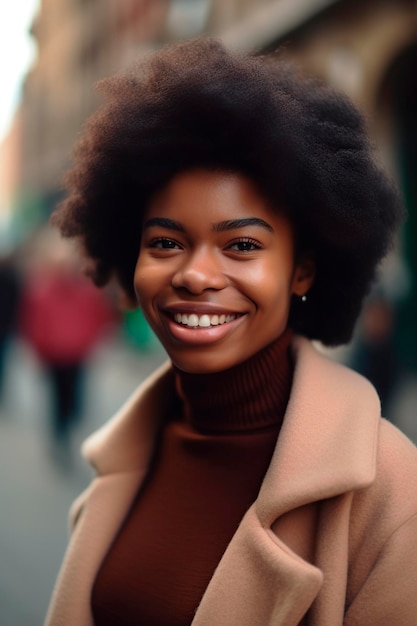 Zbliżenie pięknej Afroamerykanki patrzącej na kamerę wygenerowaną za pomocą AI