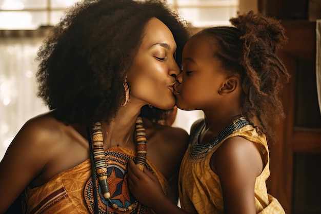 Zbliżenie pięknej córki całującej matkę w policzek w domu afrykańska dziewczynka całującą szczęśliwą matkę