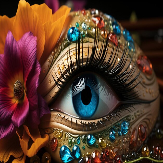 Zbliżenie pięknej niebieskiej kobiety z oczami ozdobionymi makijażem