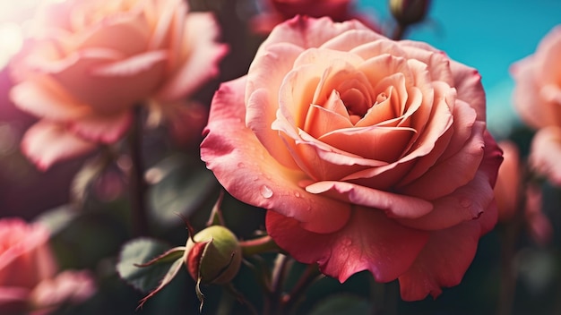 Zbliżenie pięknej różowej róży z rosą