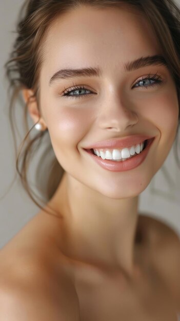 Zbliżenie pięknej uśmiechniętej nastolatki z czystymi, zdrowymi, białymi zębami i pięknymi wargami.
