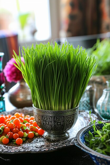 zbliżenie pięknie wyhodowanych zielonych kiełków Sabzeh na stole Nowruz HaftSeen