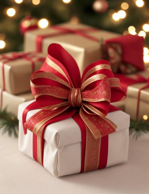 Zbliżenie pięknie zapakowanego prezentu świątecznego na przytulnej niewyraźnej tapecie tła