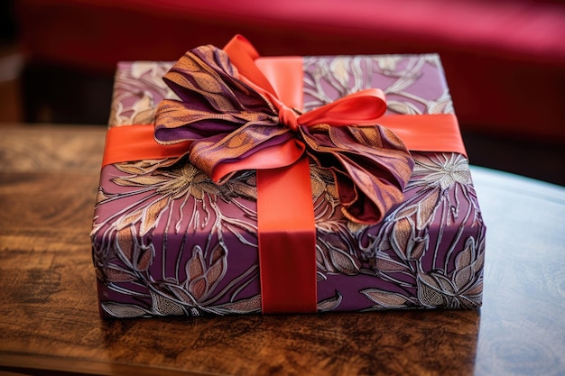Zbliżenie pięknie zapakowanego świątecznego pudełka na prezent